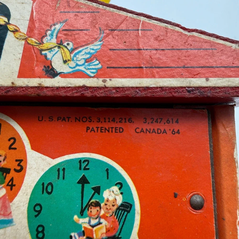 Vintage 1968 Fisher Price 998 Music Box Teaching Clock Kids Red Wood Toy TESTED